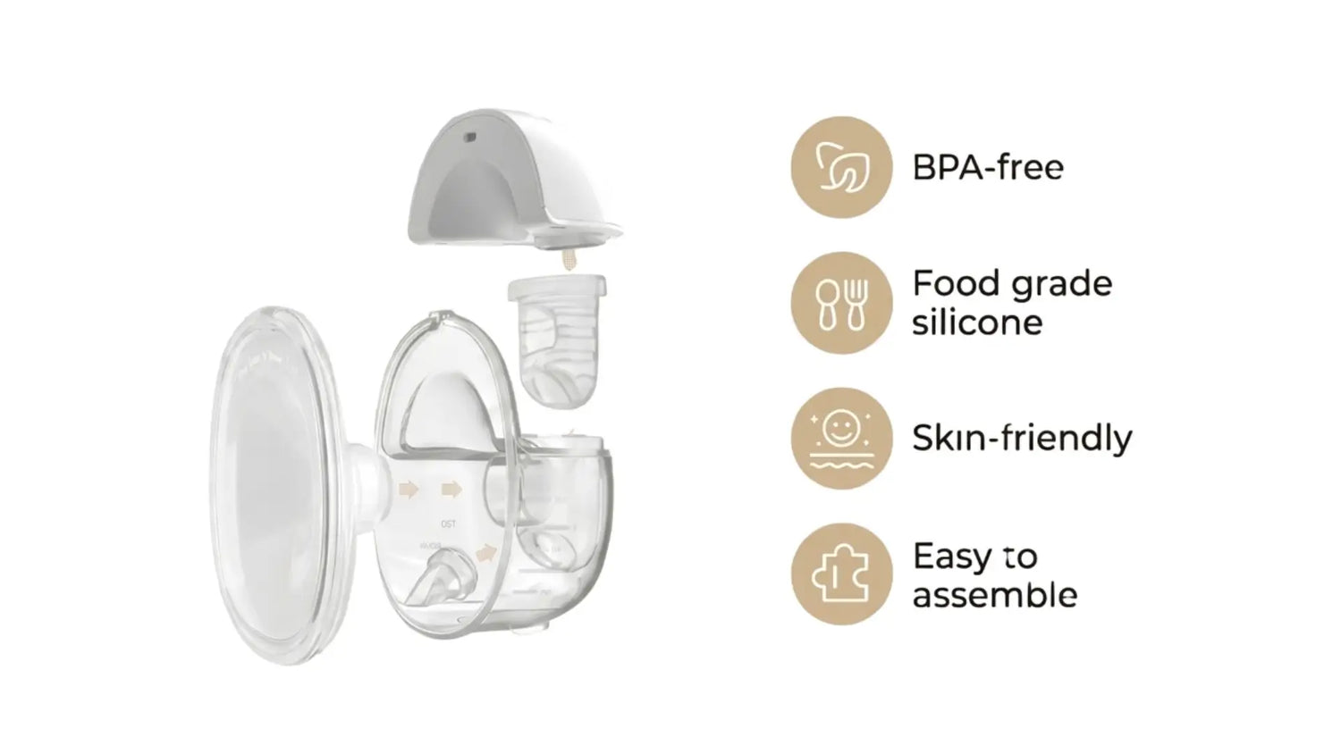 BPA-free silicone baby product with features listed on a white background