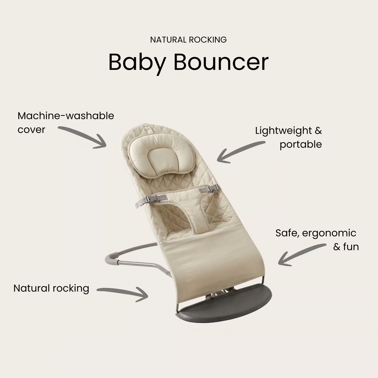 Beige baby bouncer with features highlighted on a light beige background