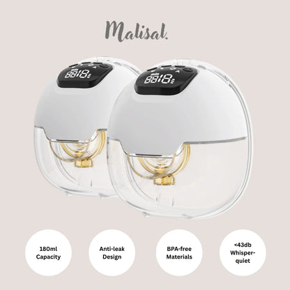 Two white baby bottles with digital displays on a light pink background, featuring the brand 'Malisal'.