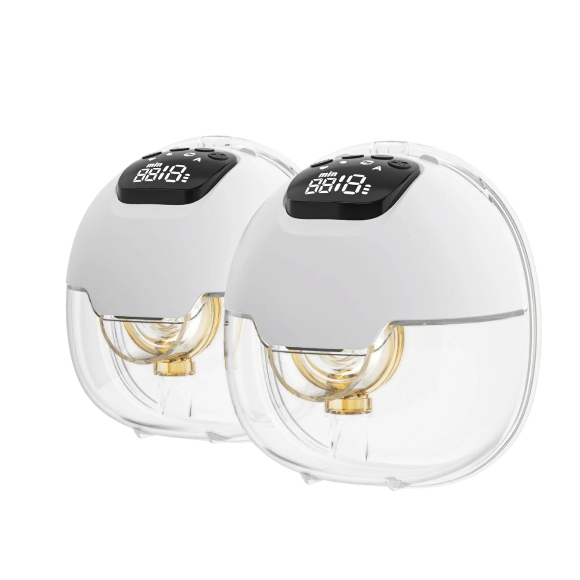 Two white wall lamps with digital displays on a white background