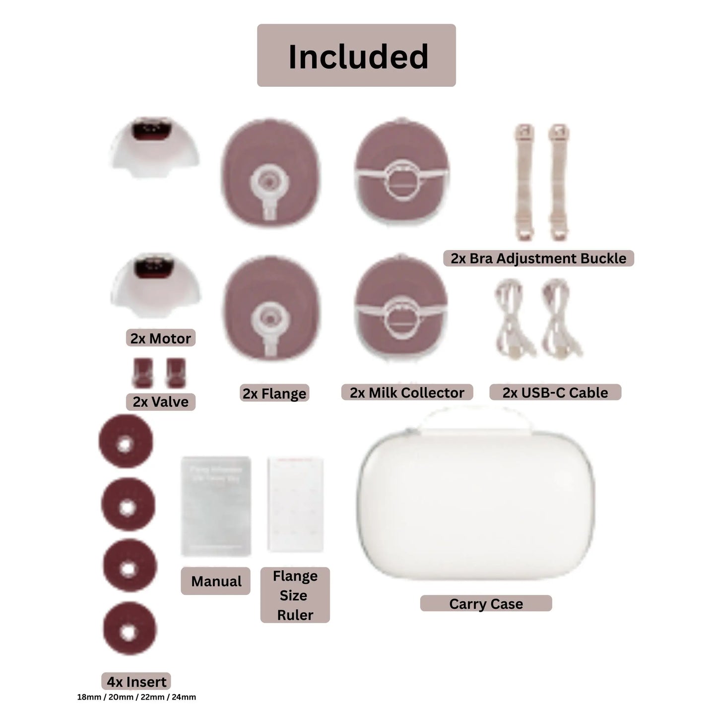 List of included items with icons and labels on a white background
