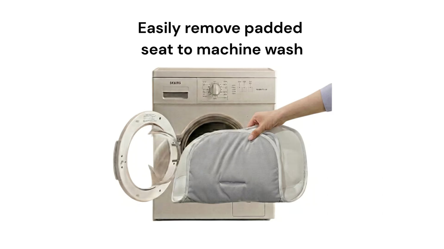 Person removing a gray cushion from a washing machine with text indicating it can be easily removed for machine wash.