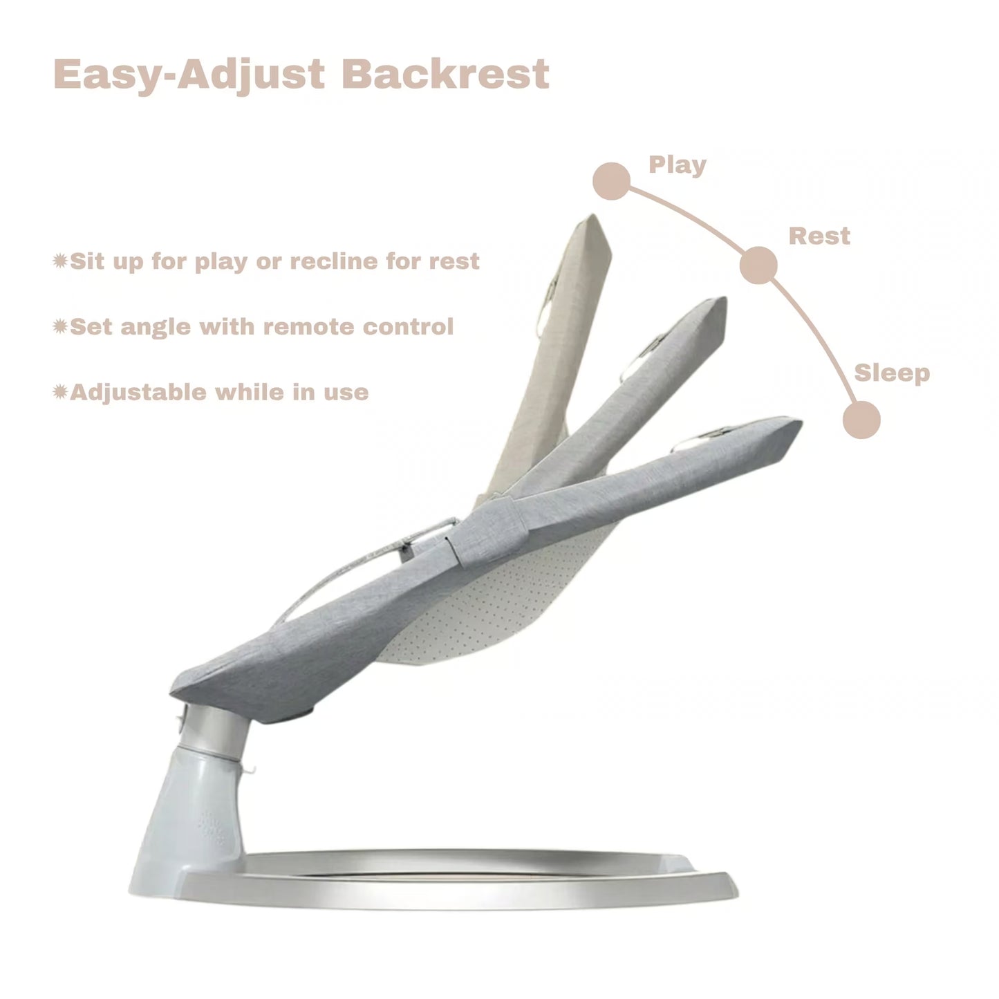 Gray baby bouncer with adjustable backrest on a white background