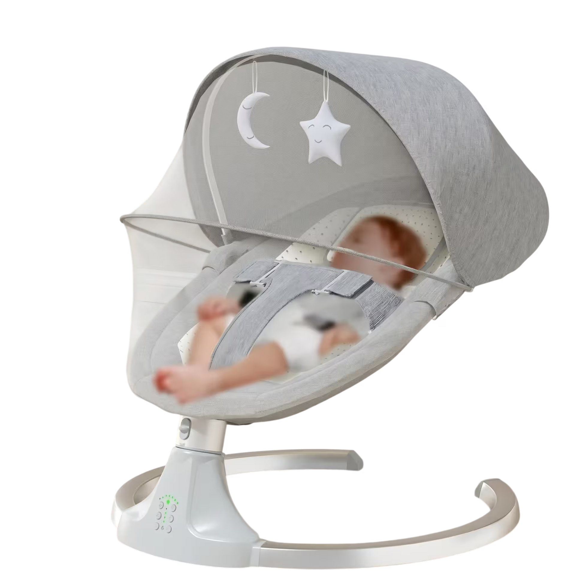 Baby swing with a baby inside on a white background