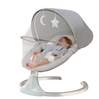 Baby swing with a baby inside on a white background