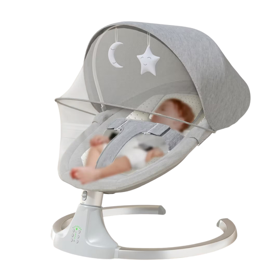 Baby swing with a baby inside on a white background