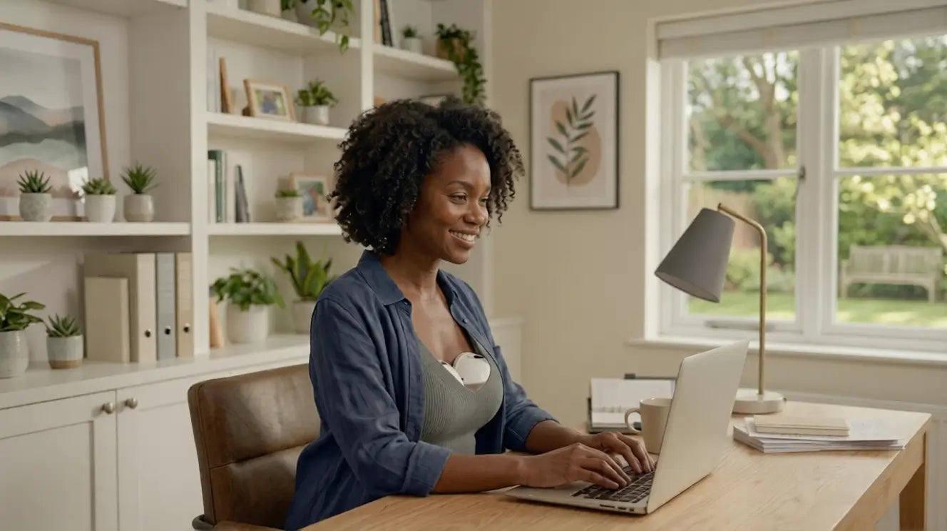 Woman using a laptop at a desk in a home office with plants and decor.