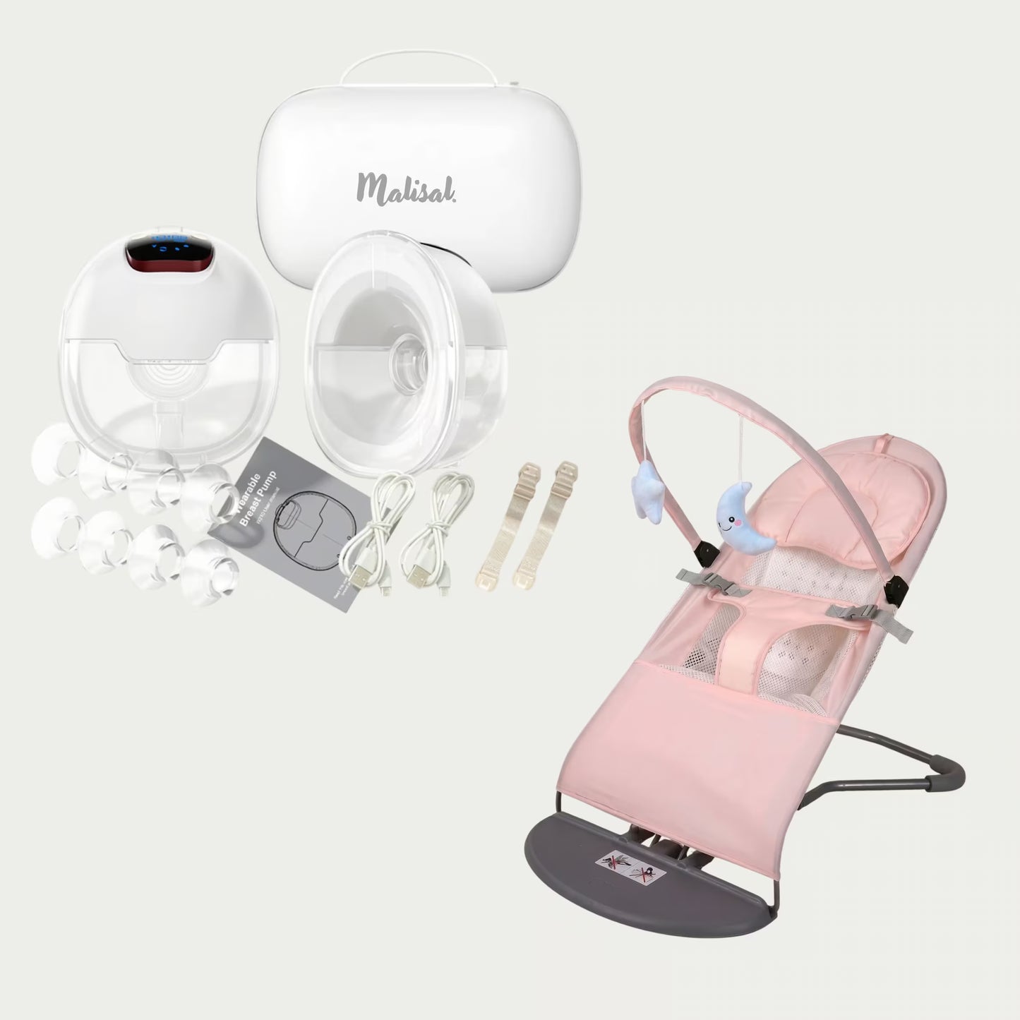 A baby care bundle featuring a pink infant bouncer, a white breast pump with clear cups, a white carrying case labeled Makisak, breast pads, a power cord, and accessories on a light gray background.
