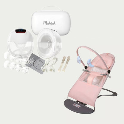 A baby care bundle featuring a pink infant bouncer, a white breast pump with clear cups, a white carrying case labeled Makisak, breast pads, a power cord, and accessories on a light gray background.