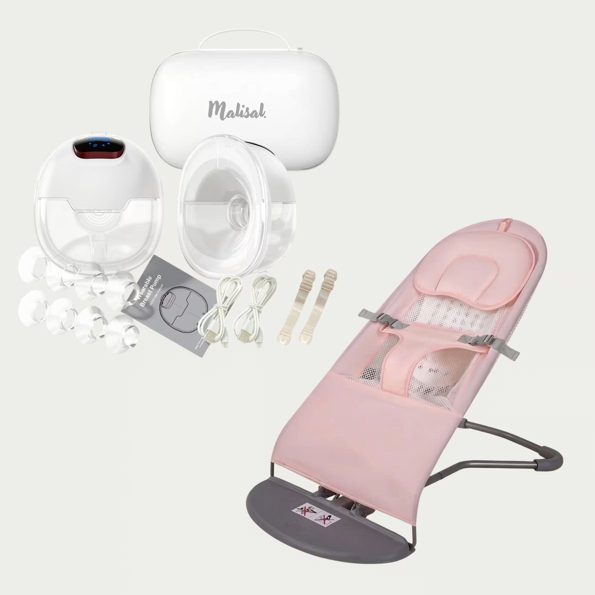 A baby care product set on a light gray background, including a pink bassinet, a white handheld device, a white carrying case with the visible brand name 'Makisak', clear cup components, cords, and accessories.