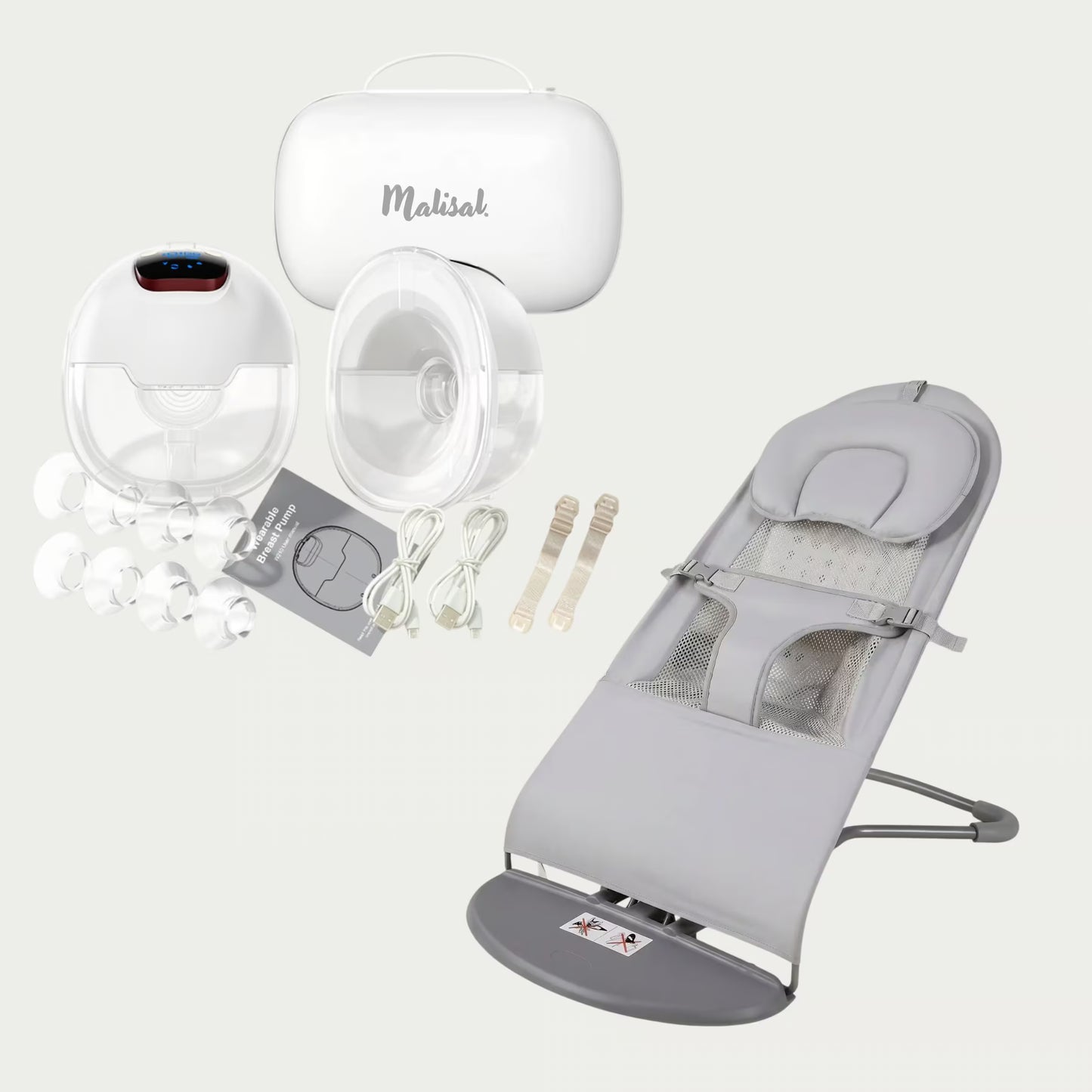 A baby care product set on a light gray background, including a white and gray baby bouncer, a white wireless breast pump with clear cup covers, a white storage case with the visible brand name 'Makisak', breast pump accessories, and a manual.