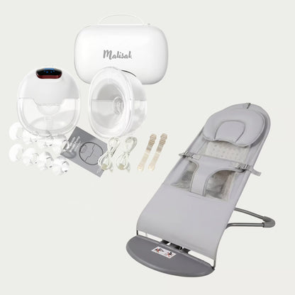 A baby care product set on a light gray background, including a white and gray baby bouncer, a white wireless breast pump with clear cup covers, a white storage case with the visible brand name 'Makisak', breast pump accessories, and a manual.