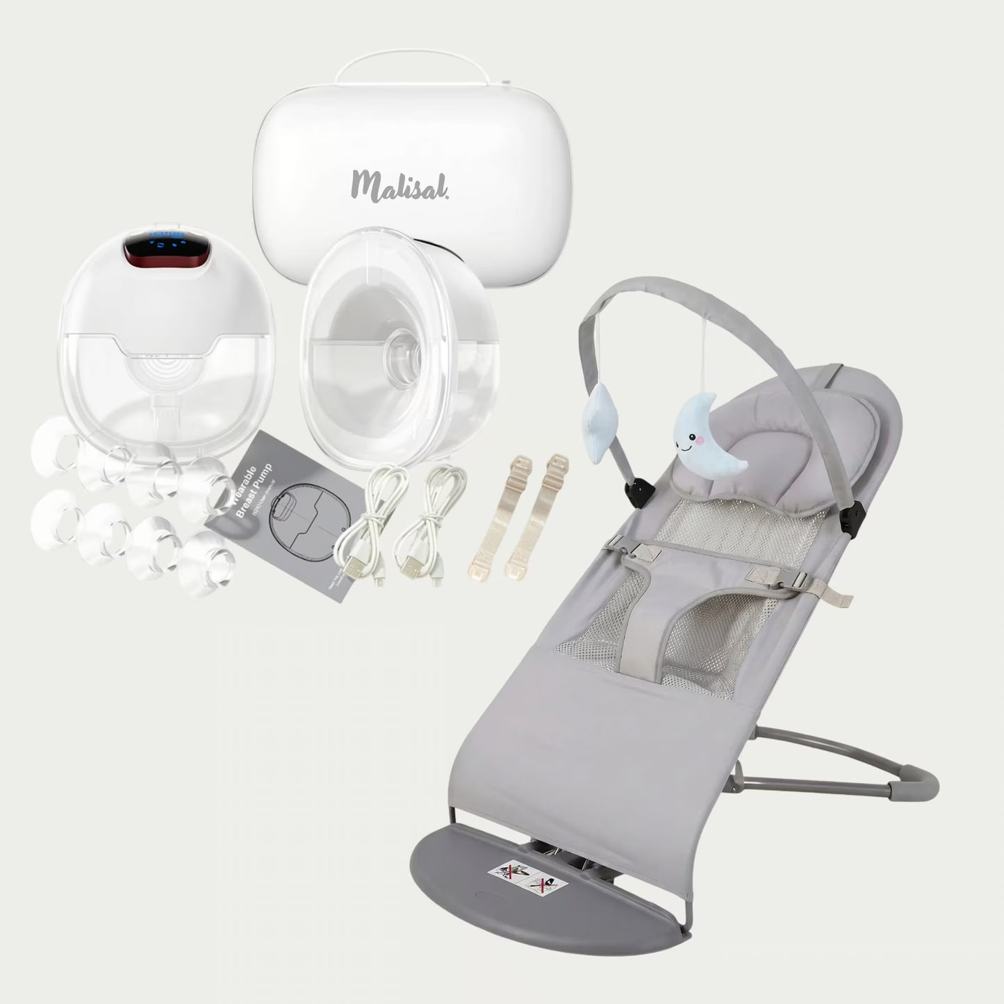 A baby care product set on a light gray background, including a gray and white baby bouncer chair, a white wireless breast pump with clear cups and multiple nozzles, a white carrying case labeled Makisak, and accessories like cords, clips, and a manual.