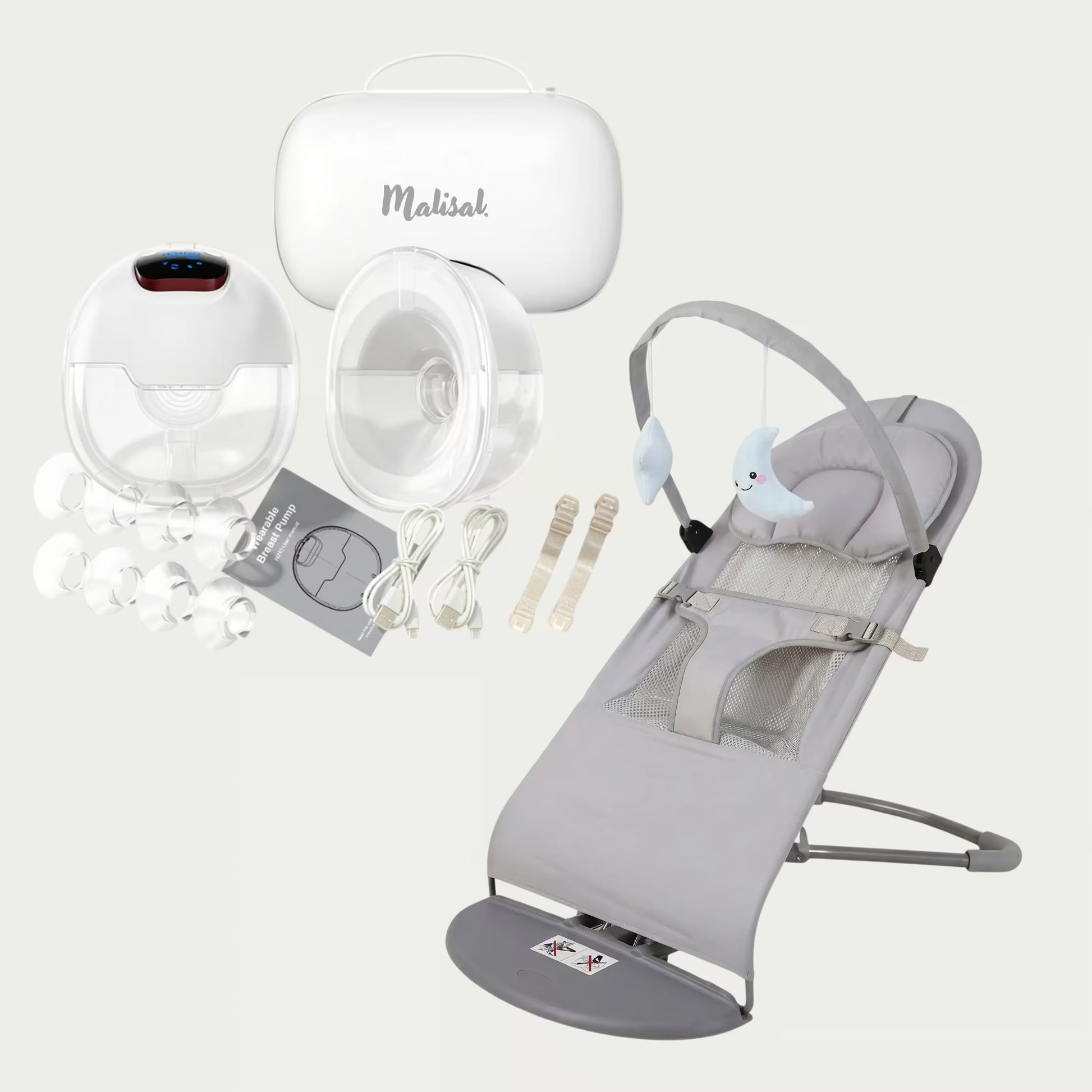 A baby care product set on a light gray background, including a gray and white baby bouncer chair, a white wireless breast pump with clear cups and multiple nozzles, a white carrying case labeled Makisak, and accessories like cords, clips, and a manual.