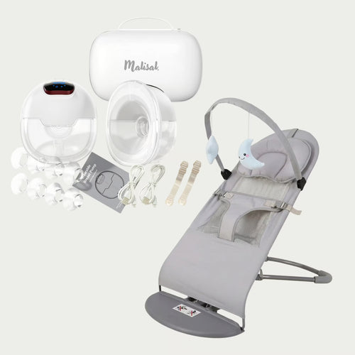 A baby care product set on a light gray background, including a gray and white baby bouncer chair, a white wireless breast pump with clear cups and multiple nozzles, a white carrying case labeled Makisak, and accessories like cords, clips, and a manual.
