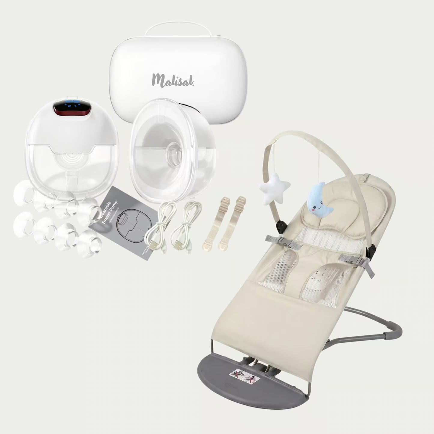 A baby care bundle featuring a beige and gray baby bouncer chair, a white wireless breast pump with clear cups and multiple flange nozzles, a white storage case with the 'Makisak' brand name, and accessories including a power cord, instruction sheet, and cream-colored straps, all arranged on a light off-white background.