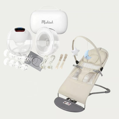 A baby care bundle featuring a beige and gray baby bouncer chair, a white wireless breast pump with clear cups and multiple flange nozzles, a white storage case with the 'Makisak' brand name, and accessories including a power cord, instruction sheet, and cream-colored straps, all arranged on a light off-white background.