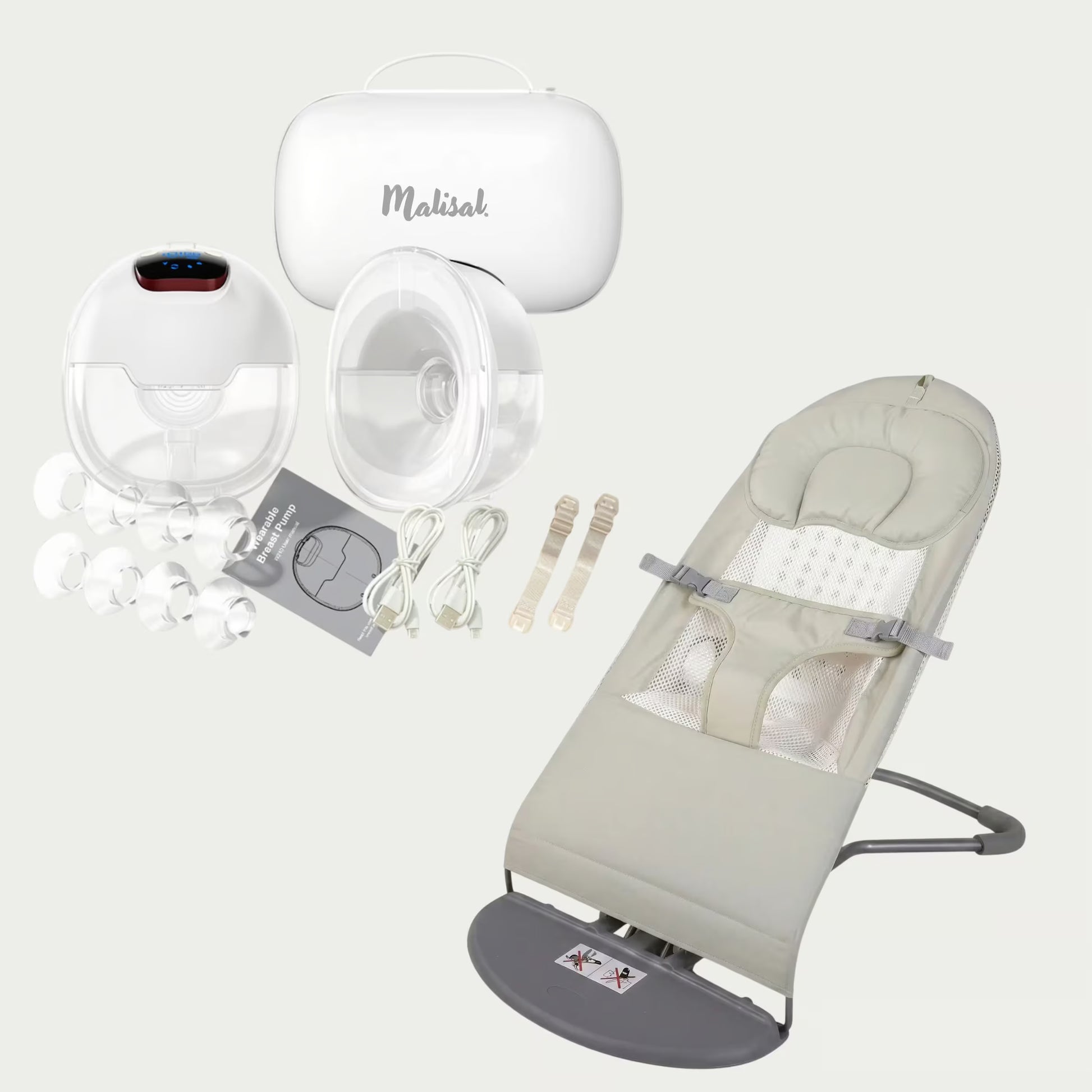Makisak breast pump and storage kit with a beige baby bouncer chair, white breast pump components, clear flange liners, multiple white suction cups, a white carrying case, and accessories on a light gray background.