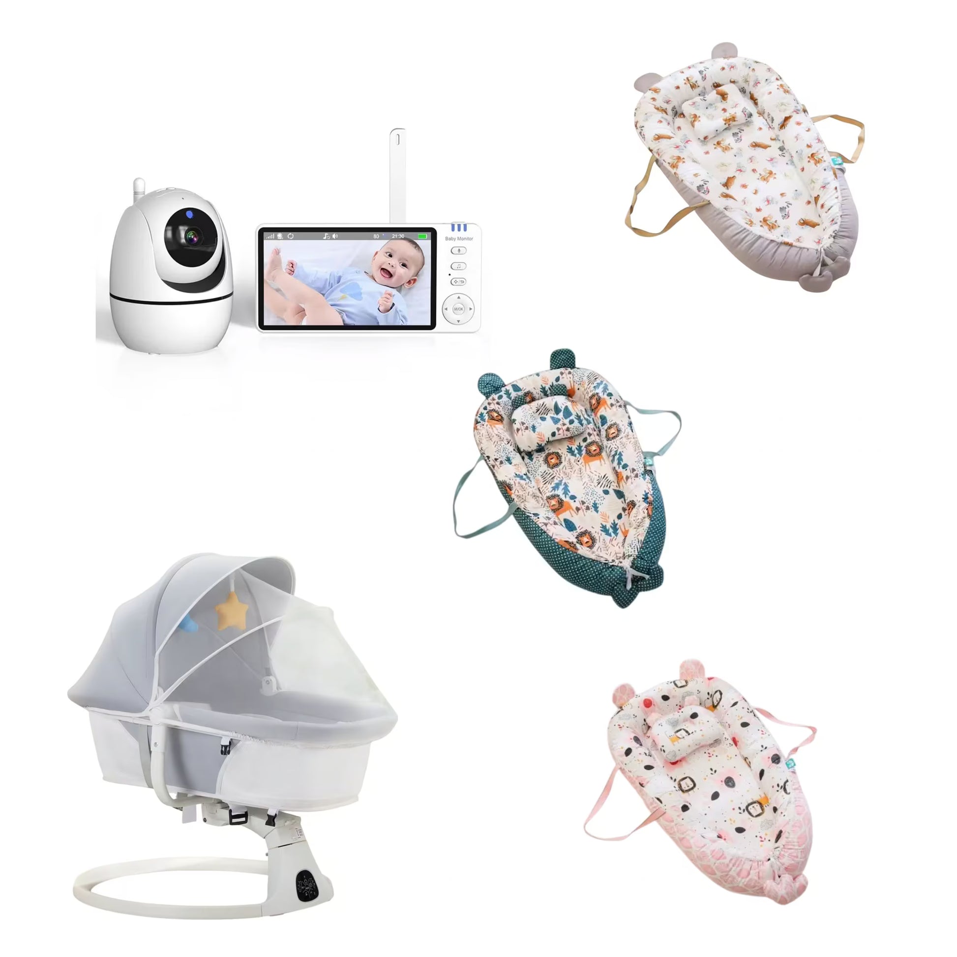 A baby care bundle featuring a white wireless video baby monitor with a screen showing a baby, a white mesh bassinet, a teal fabric baby lounger, and a pink fabric baby lounger with animal prints, all arranged on a plain white background.