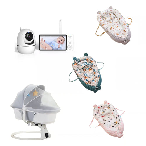 A baby care bundle featuring a white wireless video baby monitor with a screen showing a baby, a white mesh bassinet, a teal fabric baby lounger, and a pink fabric baby lounger with animal prints, all arranged on a plain white background.