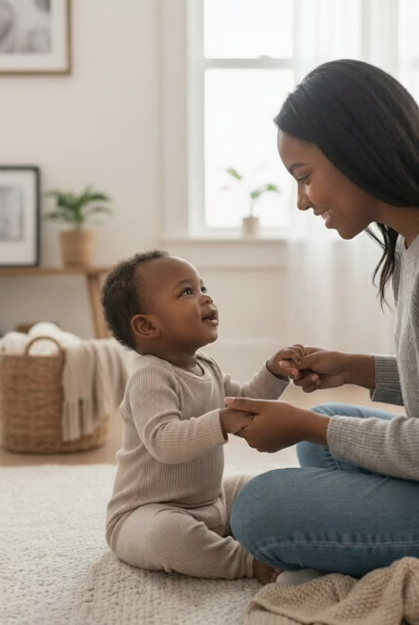 Woman sitting on the floor with a child, both smiling in a cozy room.