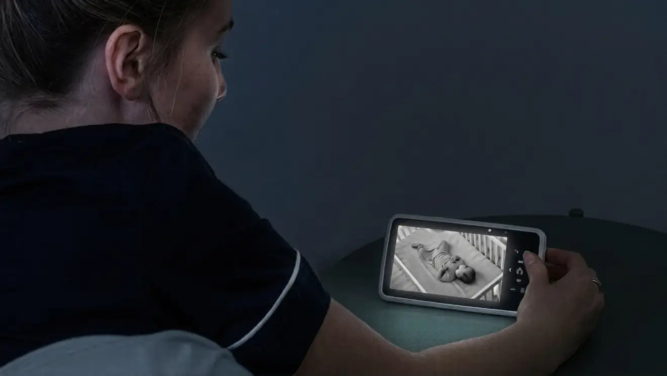 Person using a smartphone in a dark room, viewing a video of a baby on the screen.