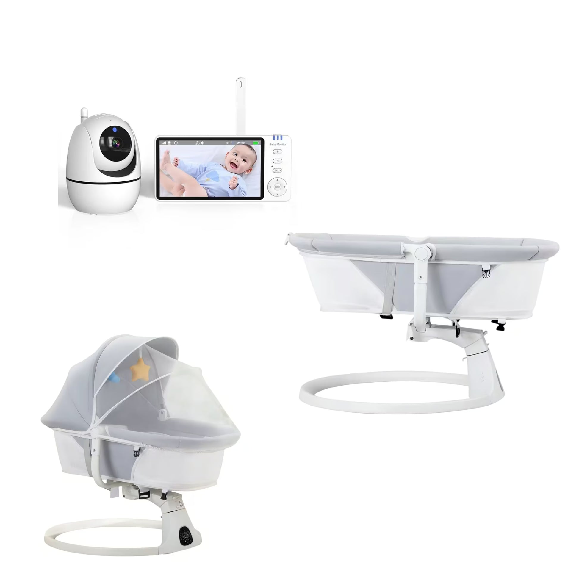 Baby care product set on a white background, including a white security camera, a handheld video monitor with a baby photo on screen, a white bassinet with a gray fabric liner, and a white bassinet with a gray mesh canopy.