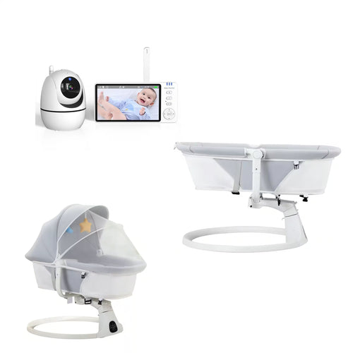 Baby care product set on a white background, including a white security camera, a handheld video monitor with a baby photo on screen, a white bassinet with a gray fabric liner, and a white bassinet with a gray mesh canopy.