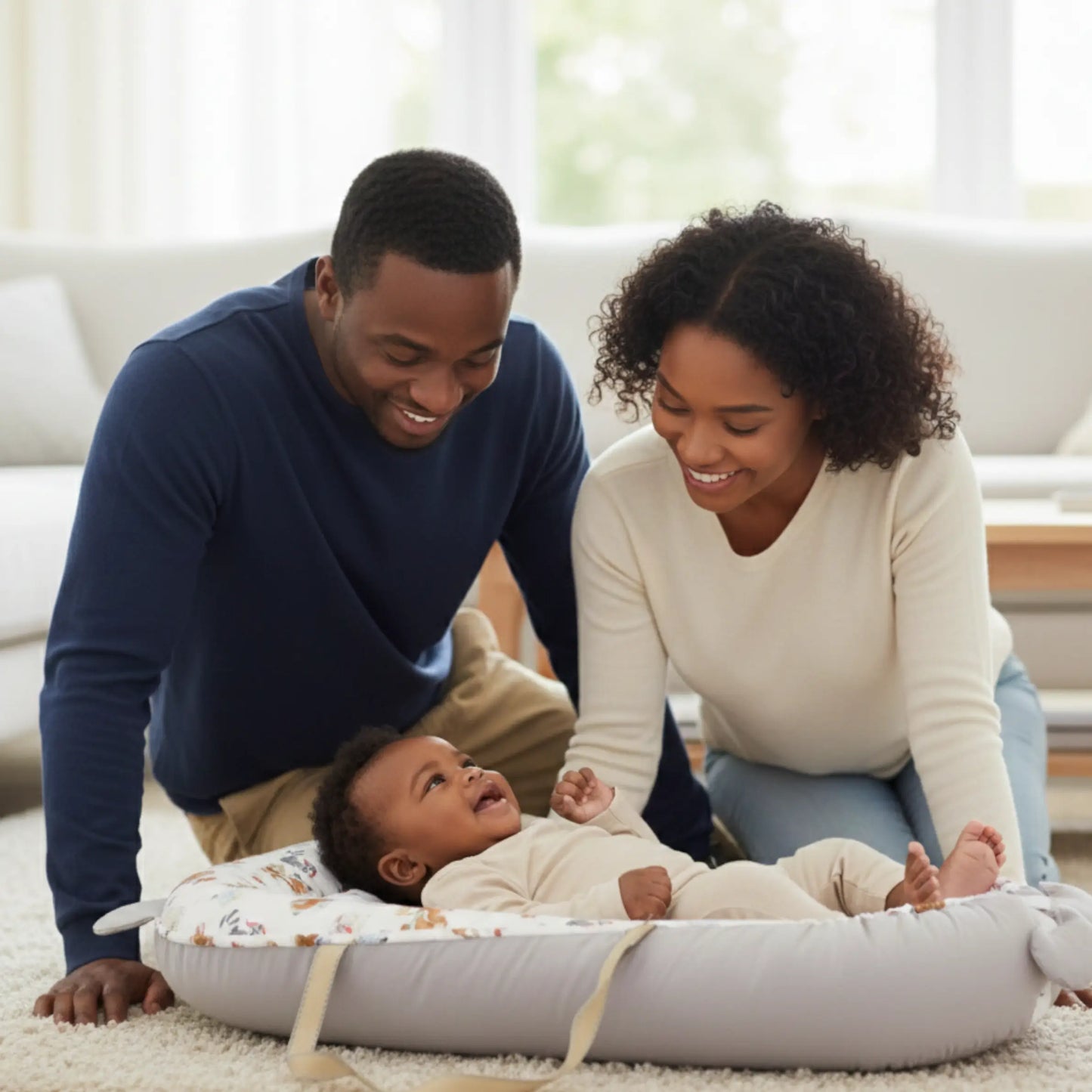 Family with a baby in a living room setting