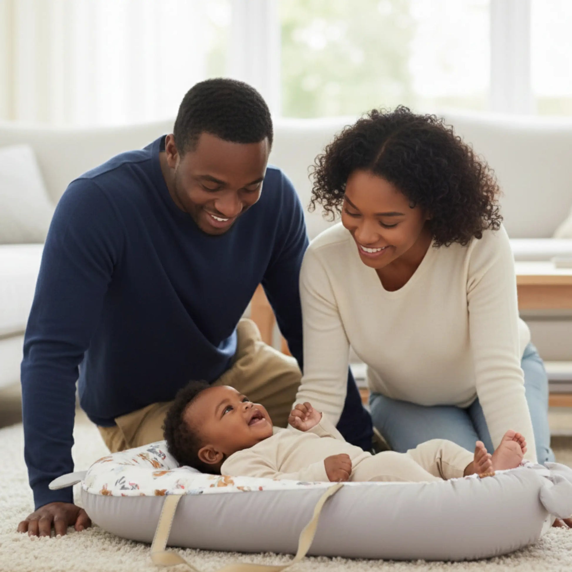 Family with a baby in a living room setting