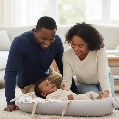 Family with a baby in a living room setting