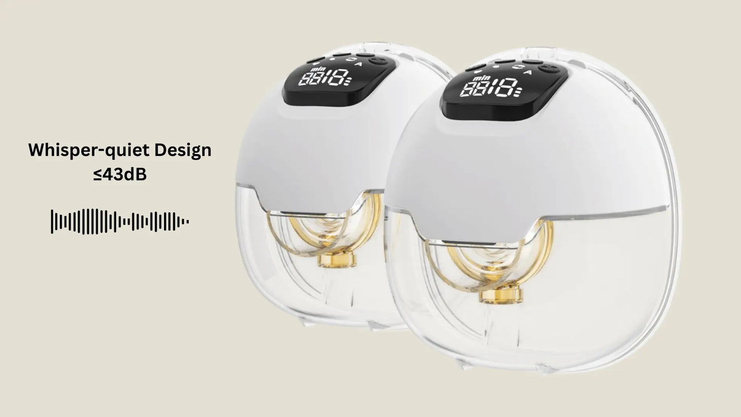 Two white noise machines with digital displays on a beige background, labeled 'Whisper-quiet Design' and '43dB'.