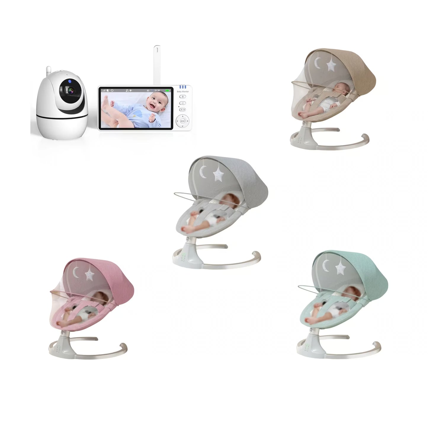 A baby monitoring and rocking set shown in multiple color options: a white dome security camera, a handheld screen with a remote, and four rocking chairs in beige, gray, pink, and mint green. Babies are visible inside three of the rocking chairs.