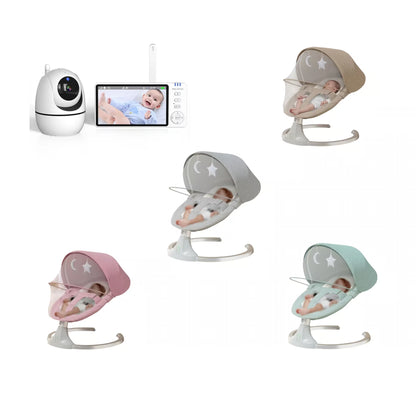 A baby monitoring and rocking set shown in multiple color options: a white dome security camera, a handheld screen with a remote, and four rocking chairs in beige, gray, pink, and mint green. Babies are visible inside three of the rocking chairs.