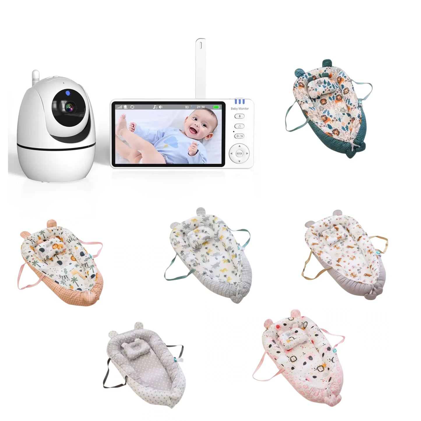 Baby monitoring and bassinet set shown on a white background, including a white security camera, a video display screen with a baby photo, a handheld remote, and multiple fabric baby cribs/bassins in different colors and prints. The image appears to function as a product collage rather than a single clean product shot.