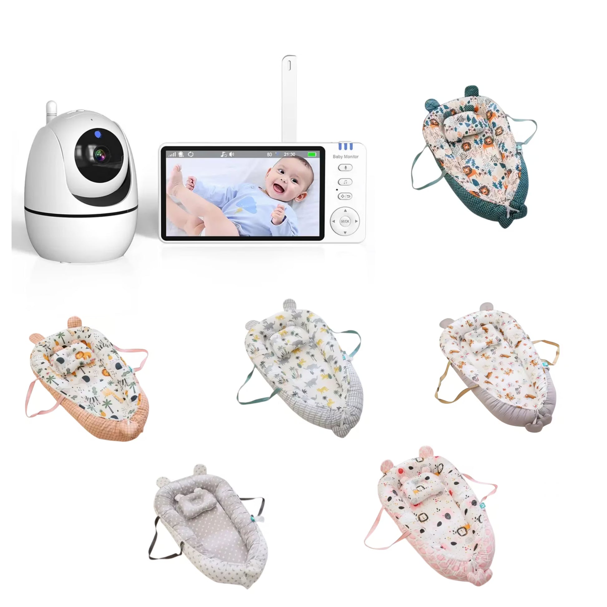 Baby monitoring and bassinet set shown on a white background, including a white security camera, a video display screen with a baby photo, a handheld remote, and multiple fabric baby cribs/bassins in different colors and prints. The image appears to function as a product collage rather than a single clean product shot.