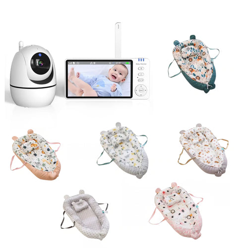 Baby monitoring and bassinet set shown on a white background, including a white security camera, a video display screen with a baby photo, a handheld remote, and multiple fabric baby cribs/bassins in different colors and prints. The image appears to function as a product collage rather than a single clean product shot.