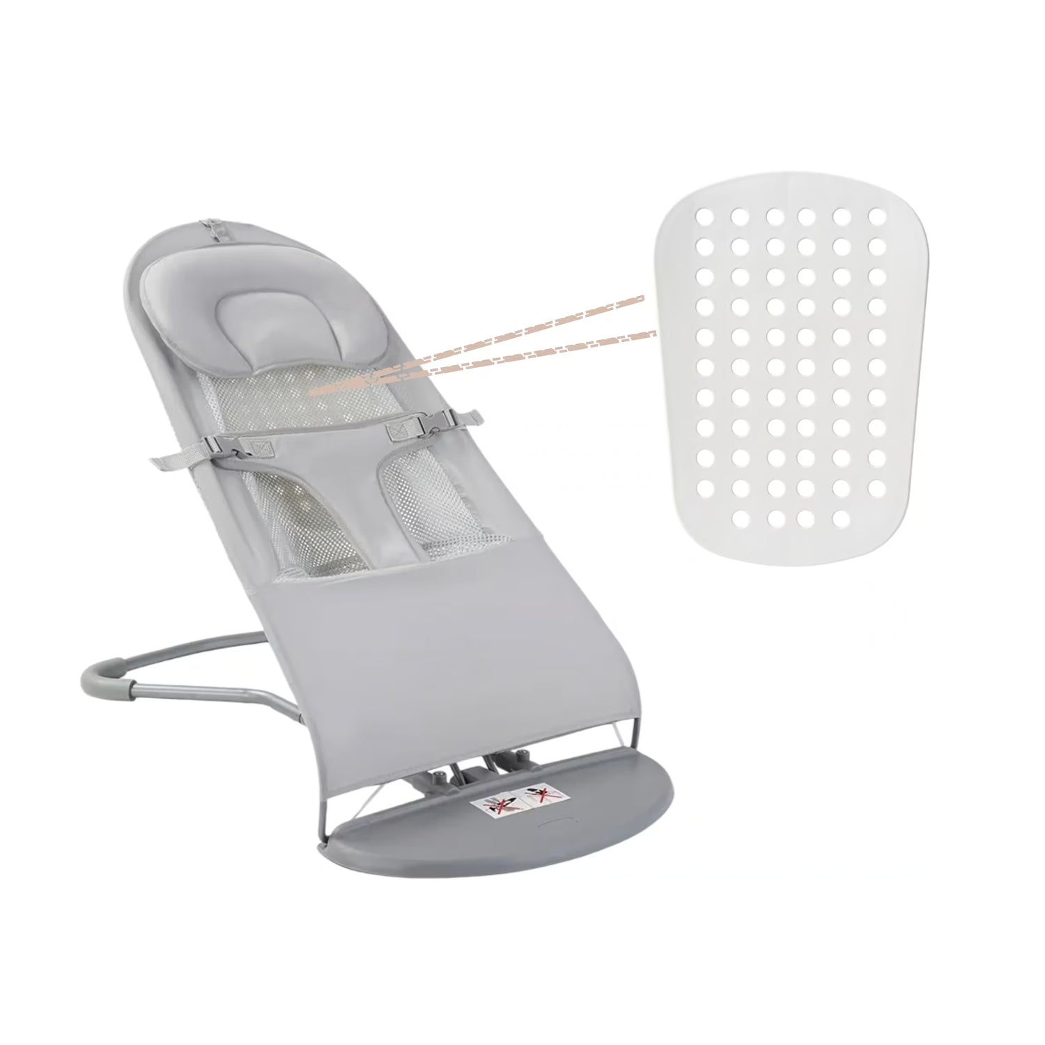 Gray baby bouncer with a perforated white panel on a white background
