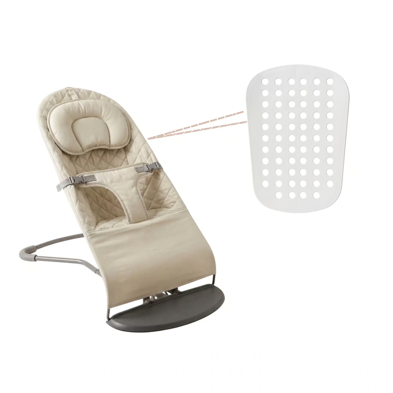 Beige baby bouncer with a white perforated mat on a white background