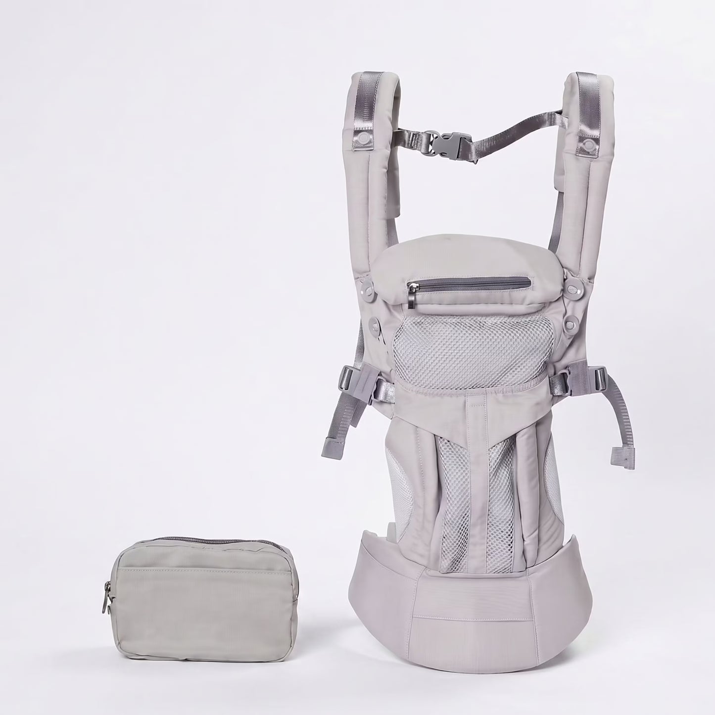 Gray baby carrier with matching pouch on a white background
