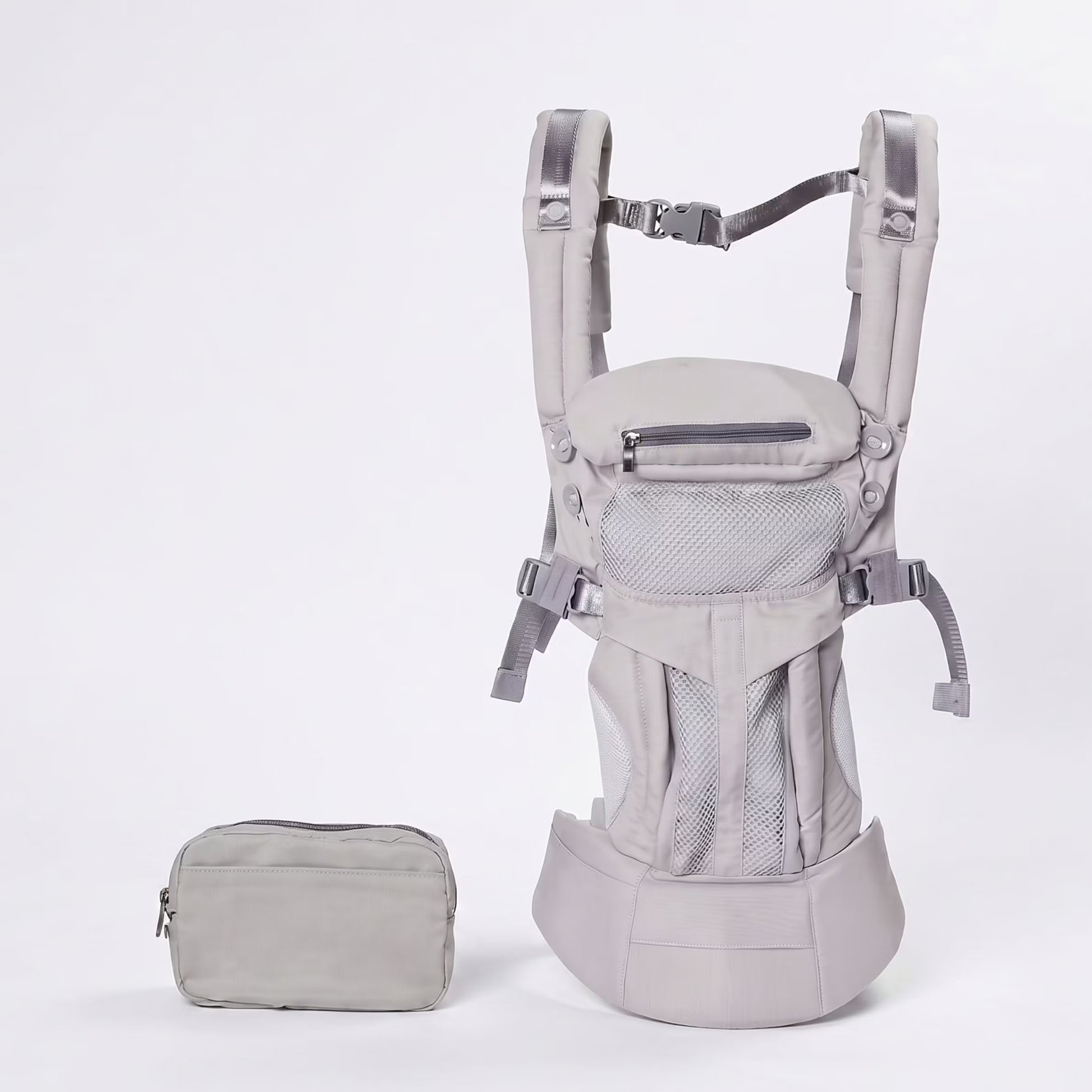 Gray baby carrier with matching pouch on a white background