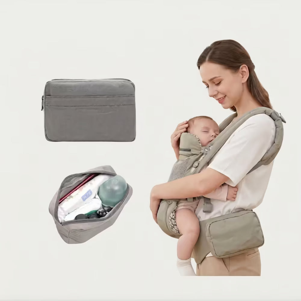 Woman holding a baby in a carrier with a gray pouch open showing contents on a white background