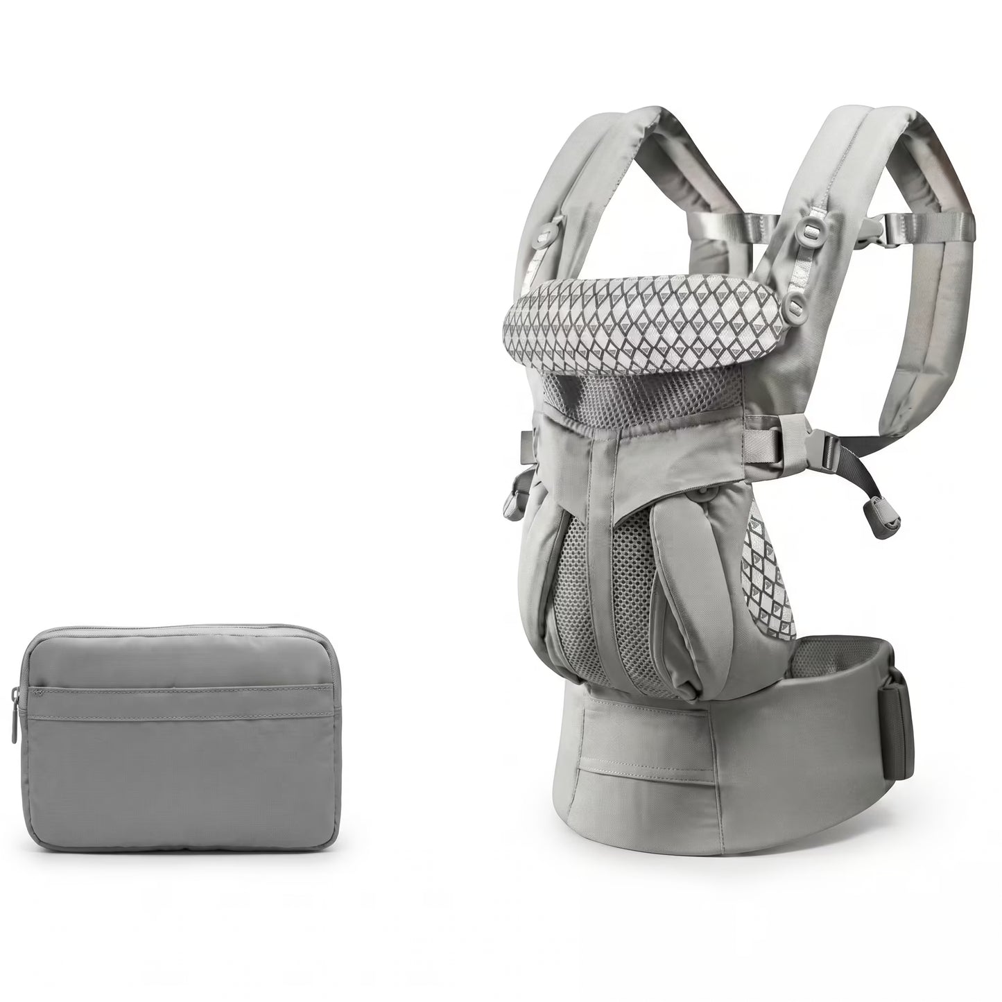 Gray baby carrier and matching pouch on a white background