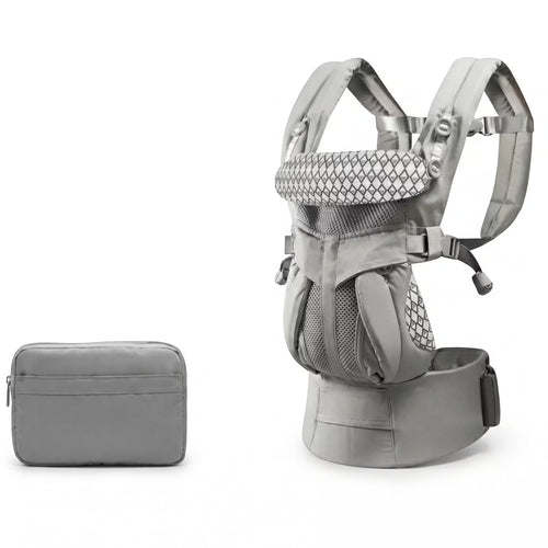 Gray baby carrier and matching pouch on a white background