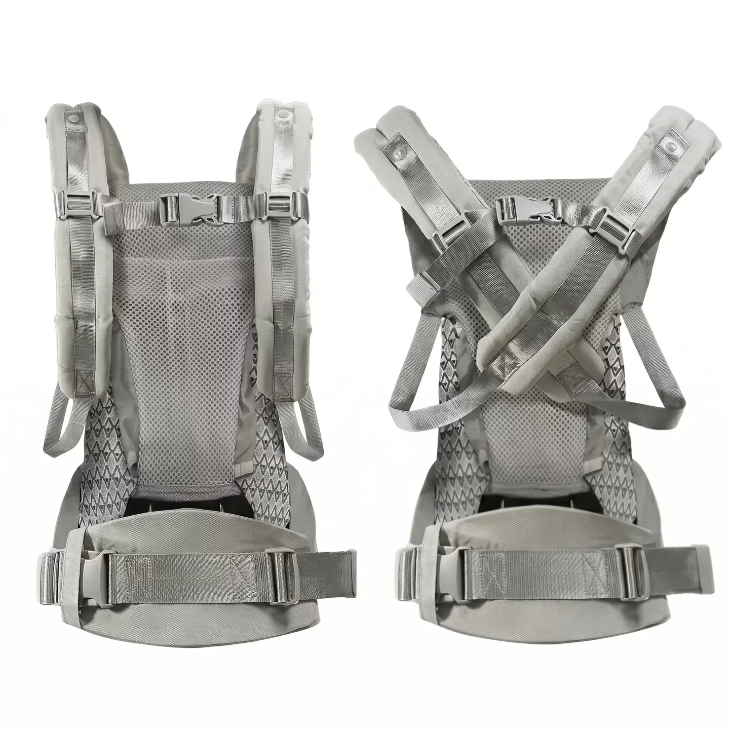Gray baby carrier from front and side views on a white background