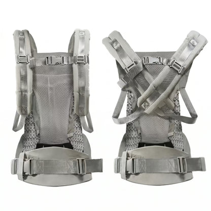 Gray baby carrier from front and side views on a white background