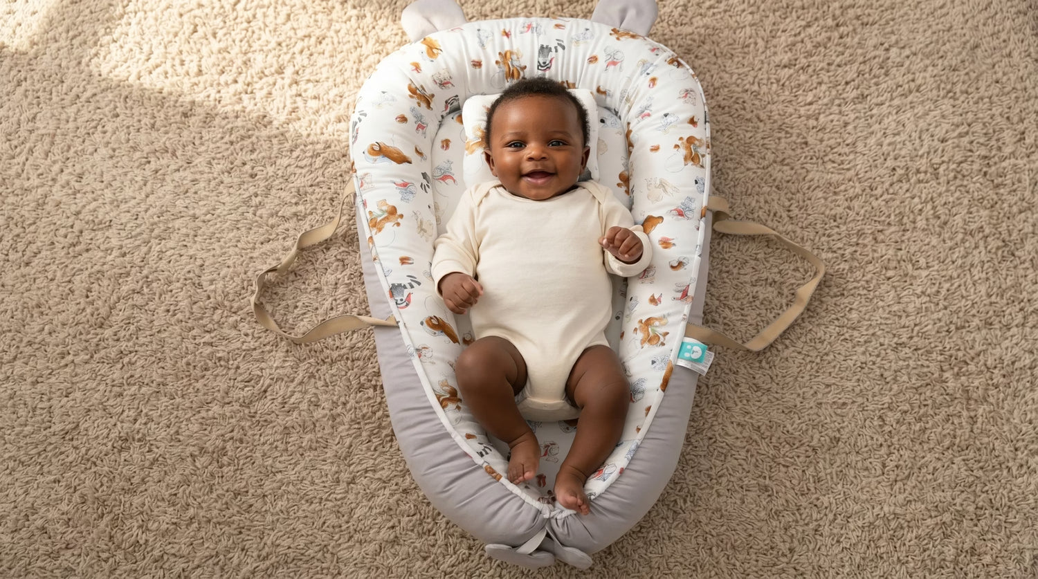 Baby in a crib with a patterned cover on a beige carpet