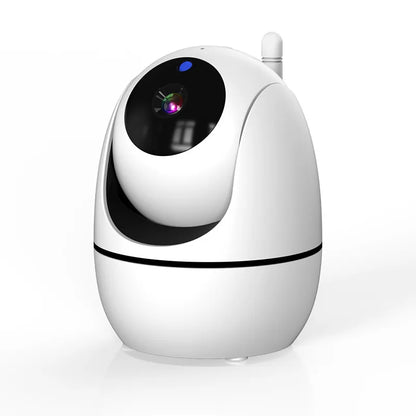 White security camera with a black lens on a white background