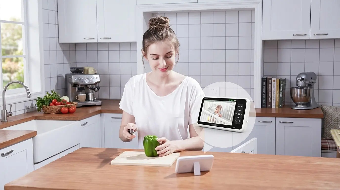 Woman in kitchen using a tablet with a cooking app, surrounded by kitchen appliances and decor.