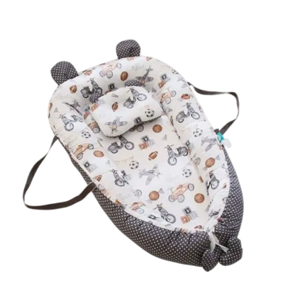 Baby bouncer with animal pattern on a white background